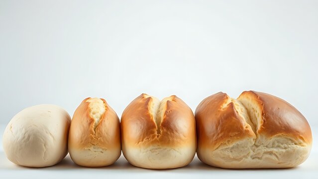 A perfect golden loaf of bread among others in various stages of baking.