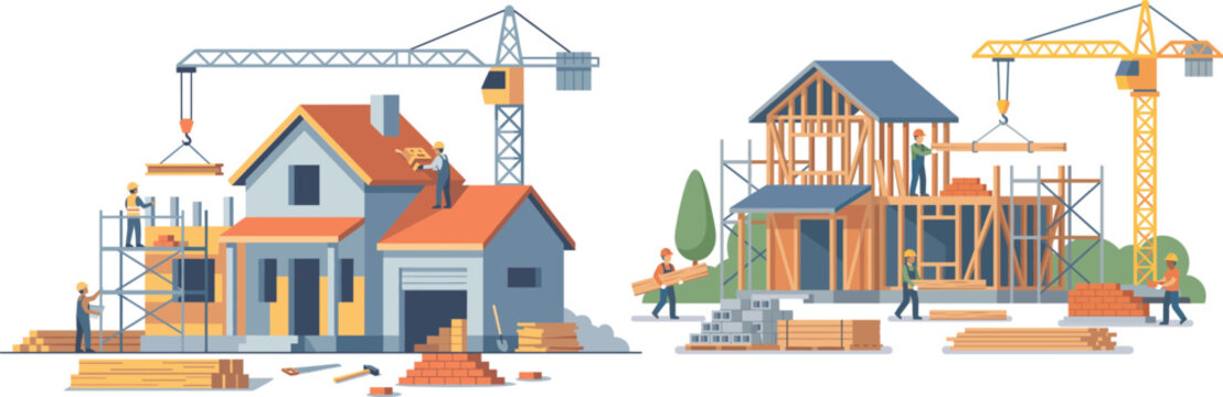 Flat design house construction site illustration with workers cranes for web and print