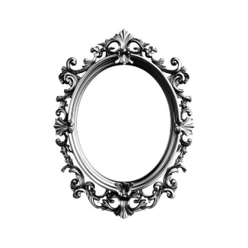 Black-and-white halftone illustration of an ornate oval mirror frame. The frame features intricate decorative scrollwork and floral motifs, with a symmetrical, vintage baroque-inspired design. The ref