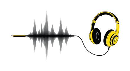 Naklejka premium Yellow headphones connected to a black sound wave pencil graphic illustration for creative audio project design