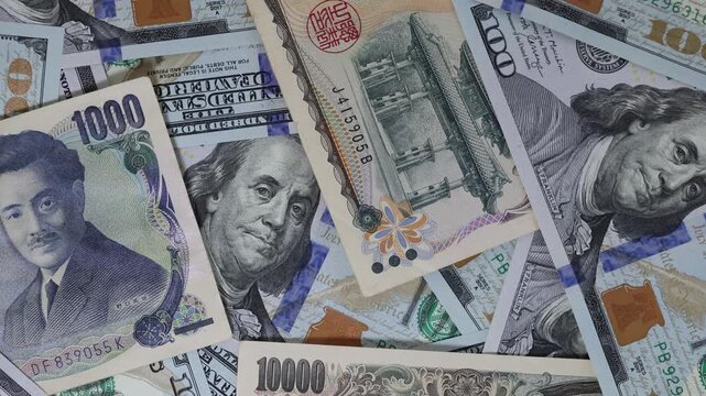 International currency mix with US dollars and Japanese yen rotating