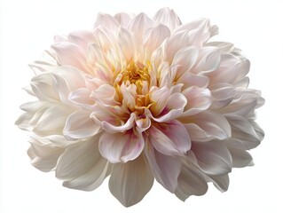 Fototapeta premium A Delicate White Dahlia Flower Detailed with Water Droplets Illuminated by Soft Light Against a Clean White Background