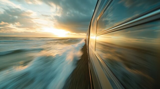 Coastal train journey at sunset, motion blur, ocean waves.
