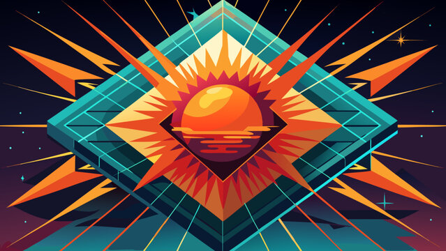 Vibrant geometric artwork depicting a stylized sun rising over water within a diamond shaped design set against a starry night sky with bold lines and bright colors