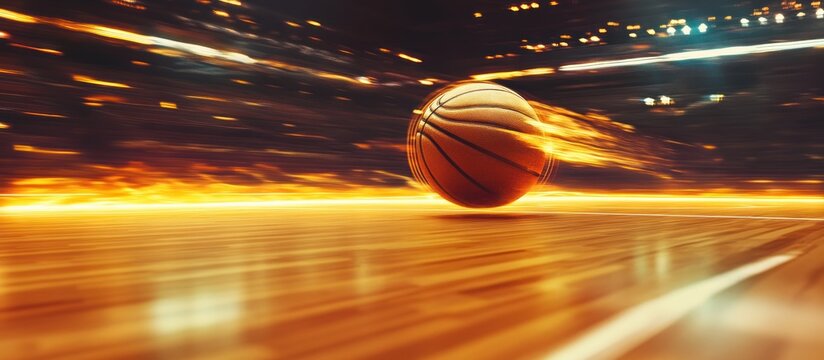 Basketball in motion on a court with streaks of light.