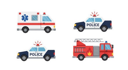 Set of emergency service vehicles including ambulance, police cars and fire truck. © Trimo