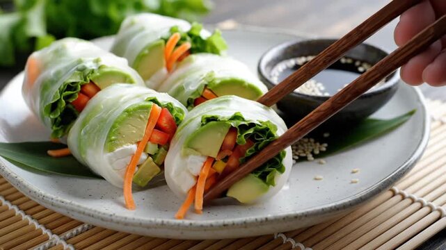 Delicious and Healthy Vegan Spring Rolls with Peanut Dipping Sauce.