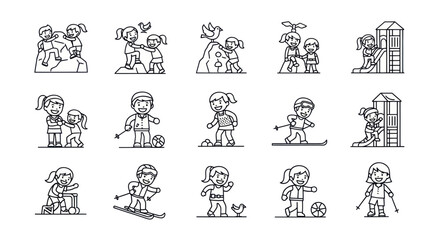 Fototapeta premium Set of line art icons featuring children engaged in various outdoor activities and sports.