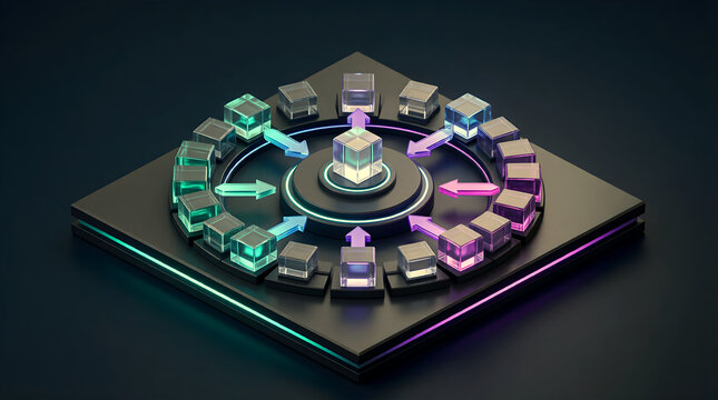 AI Portfolio Rebalancing Engine with Allocation Adjustment Ring Isometric 3D Visualization for Enterprise Wealth Management Technology