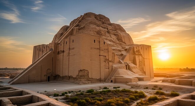 Ancient Mesopotamian Ziggurat at Sunset - Historical Architecture.