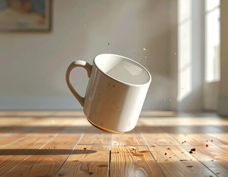 Floating white ceramic mug above rustic wooden table.