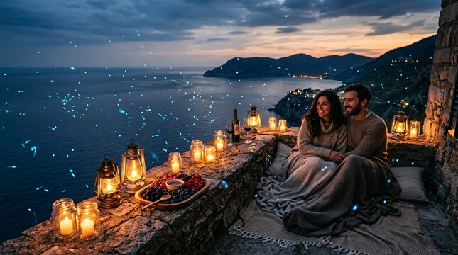 Romantic twilight setting on a stone ledge overlooking the sea features glowing vintage lanterns, lit candles, and magical blue fireflies.