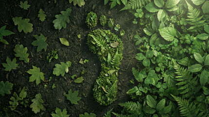 Green footprint made of moss and leaves on forest floor, eco concept