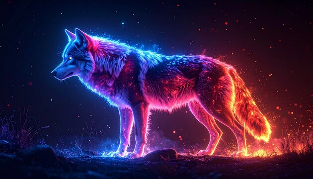 Neon glowing wolf in vibrant light art.