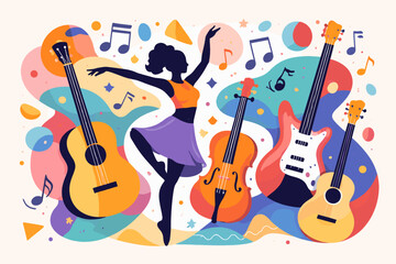 Obraz premium Abstract Music and Dance Collage with Female Dancer Silhouette, Acoustic and Electric Guitars, Violin, Ukulele, Musical Notes, and Vibrant Colorful Geometric Shapes in a Flat Vector Art Style.