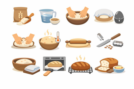 Bread Making Process Icon Set Featuring Steps for Baking Homemade Sourdough or Yeast Bread from Scratch Including Kneading Dough, Proofing, Rolling, Scoring, Baking in Oven, and Slicing Fresh Loaf.