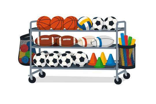 Sports Ball Storage Cart Rolling Trolley Rack with PE Gym Equipment for Basketball Soccer Football Volleyball and Rugby. School Athletic Equipment Organizer with Cones and Mesh Bag on Wheels.