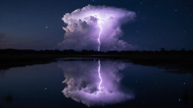 夏至の夕暮れ 湿地に映る積乱雲の完全リフレクション 静寂と嵐の対比