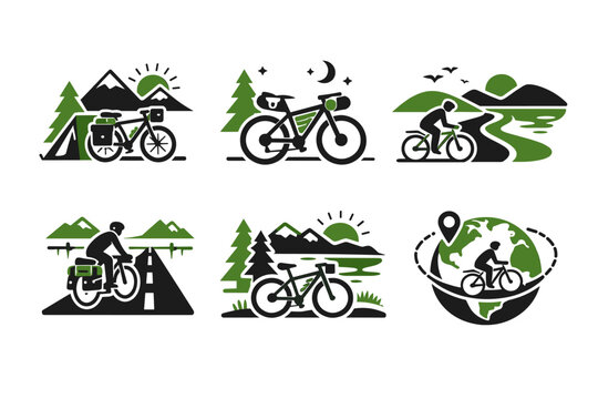 Collection of six green and black vector icons depicting bicycle travel concepts including bikepacking, cycle touring, camping with a bike, mountain biking, and global cycling adventures.