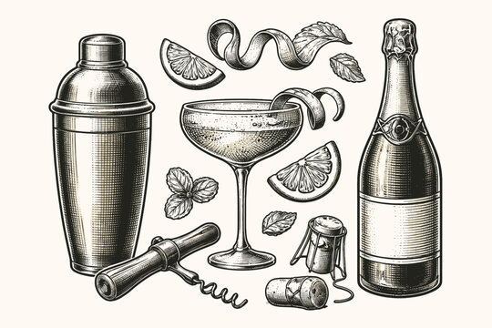 Vintage engraving style collection of bar tools and cocktail elements featuring a shaker, corkscrew, champagne bottle, coupe glass, lemon slices, and mint leaves for menu design and branding.