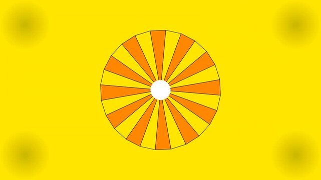 A vibrant yellow background features a large circular design with alternating orange and yellow rays