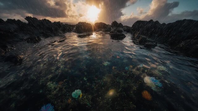 火山岩のタイドプールに降る夏の雨・黄金色の光と波紋ドリーショット