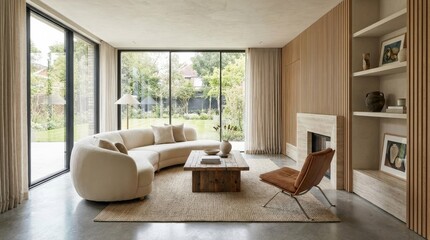 Fototapeta premium Modern living room interior, contemporary home design with elegant furniture and clean architectural styling, natural light, realistic detail, no logos