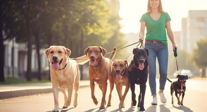 Woman walking multiple dogs on a sunny city street.