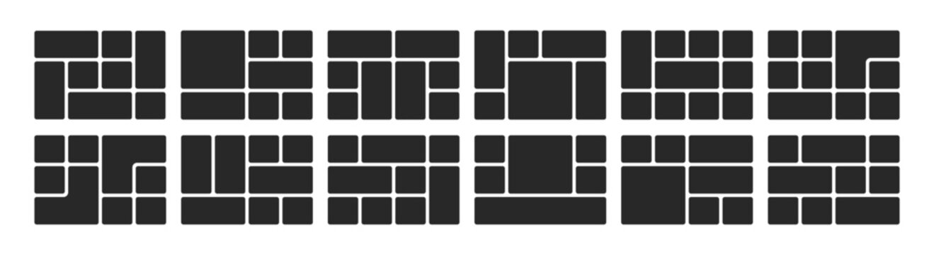 Bento grid template with rectangular frames for photo collages. Modern layout design for creative presentations, moodboards, and gallery displays with geometric blocks. Vector illustration.