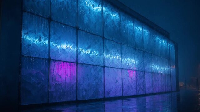 幾何学フロストガラス建築外観 ブルーアワーネオン光拡散ドローン映像