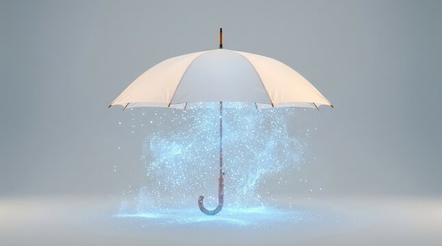 White umbrella collecting blue particles beneath its canopy, conceptual protection image with clean minimal styling and luminous contrast, realistic detail, no logos