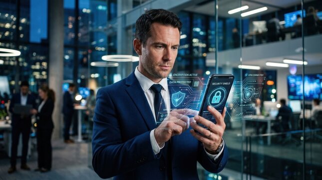 A businessman protecting personal data on a smartphone with lock icon and virtual privacy interface, glowing network overlays, modern cyber defense mood, ultra-realistic, no logos.