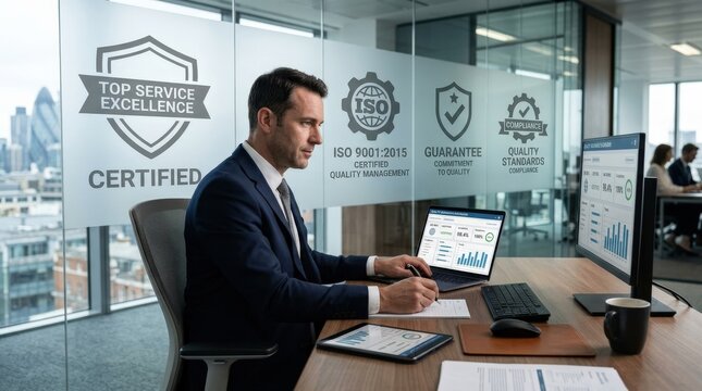 A businessman working beside top service and ISO certification symbols, quality assurance interface, guarantee and standards concept, polished corporate atmosphere, ultra-realistic, no logos.