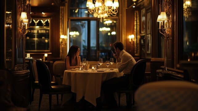 Romantic couple dining in a luxurious restaurant at night.