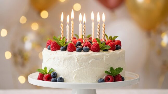 Birthday cake with seven lit candles and fresh raspberries on white frosting, festive celebration dessert, soft bokeh background, realistic food photography, no logos