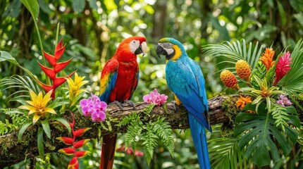 Obraz premium Two vibrant parrots perched on a branch among colorful flowers, tropical bird pair in a lush decorative setting, vivid feathers, exotic nature scene, bright natural light, no logos