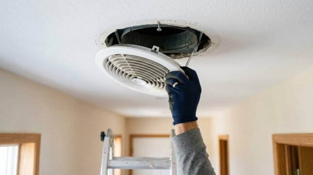 Hand removing ceiling air vent for cleaning, home maintenance and HVAC service concept, indoor repair task, close up action, clean neutral interior, realistic detail, no logos