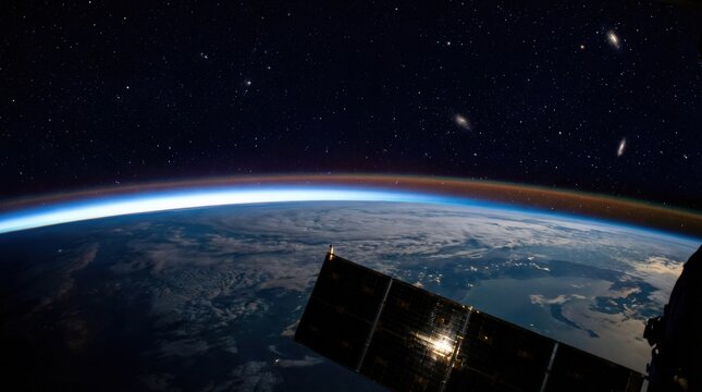 Earth horizon from outer space, dramatic view of the planet against deep darkness, space exploration concept with glowing atmosphere and vast cosmos, high detail, cinematic lighting, no logos