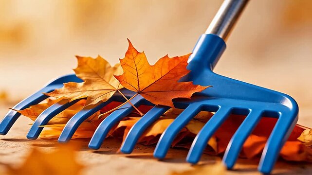 Blue rake with autumn leaves