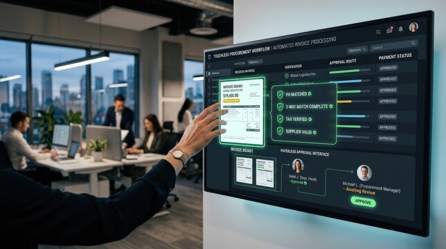 A touchless procurement workflow showing a hand selecting invoice documents with verification icons, ERP and paperless approval interface, streamlined B2B atmosphere, ultra-realistic, no logos.