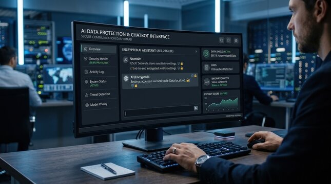 An AI data protection and chatbot interface with encrypted messaging icons, secure communication dashboard, modern privacy-focused atmosphere, ultra-realistic, no logos.
