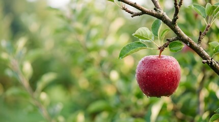 Obraz premium Vibrant red apple hangs on tree branch in bright natural sunlight perfect for healthy lifestyle and fresh food marketing