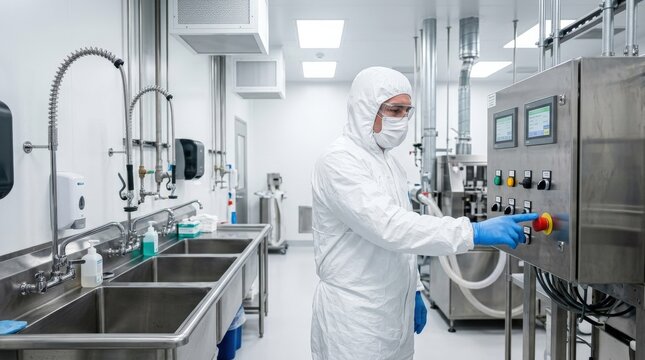 Male cleanroom technician pressing a red button on a control panel by sinks in a laboratory, industrial hygiene, sterile environment, manufacturing process, technical operation, copy space, bright