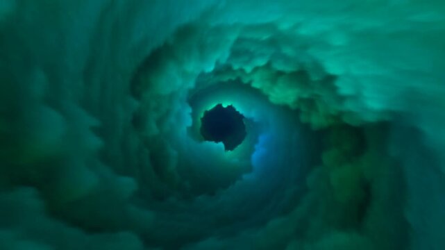 Tracking shot of seagull flying through swirling green cloud tunnel into spiral vortex interior of stormy sky with forward push motion