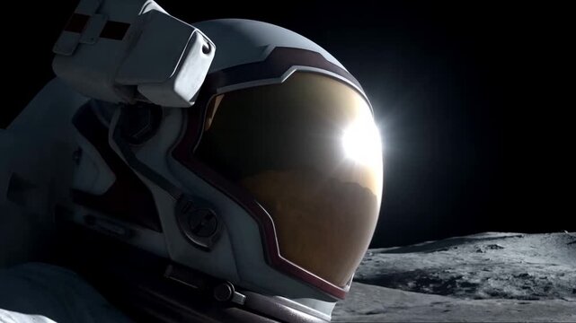 Slow tracking shot of astronaut helmet turning with sun glare on lunar surface near crater reflective gold visor and stark shadowed landscape