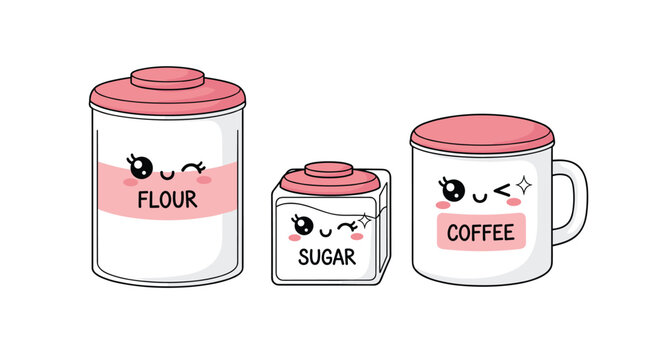Three adorable kawaii-style kitchen canisters for flour and sugar and coffee feature charming winking faces and soft pink lids on a plain white background.