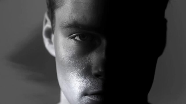 Slow push in tracking shot of male portrait revealing half face with split lighting in indoor studio backdrop with high contrast monochrome close up