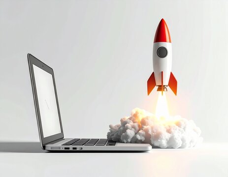 Rocket launching from a modern laptop screen representing digital startup growth.