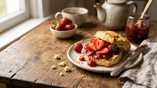 Sweet strawberry preserve spread over freshly baked scones with fresh strawberries on a rustic wooden surface, flaky crumbs, glossy jam and inviting copy space, warm natural light and a cozy homemade