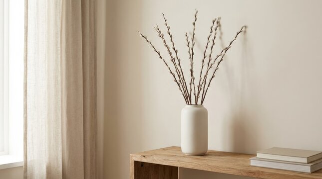 Minimalist spring decor with pussy willow branches in ceramic vase on wooden table against neutral wall, clean seasonal interior styling with soft light, realistic detail, no logos